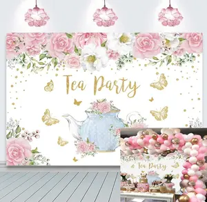 Tea Party Backdrop Pink Rose Floral Gold Butterfly Teapot Let'S Partea Background Spring Girl Princess Wonderland Afternoon Tea Cake Table Decorations Supplies 7X5Ft ShowLong Backdrop