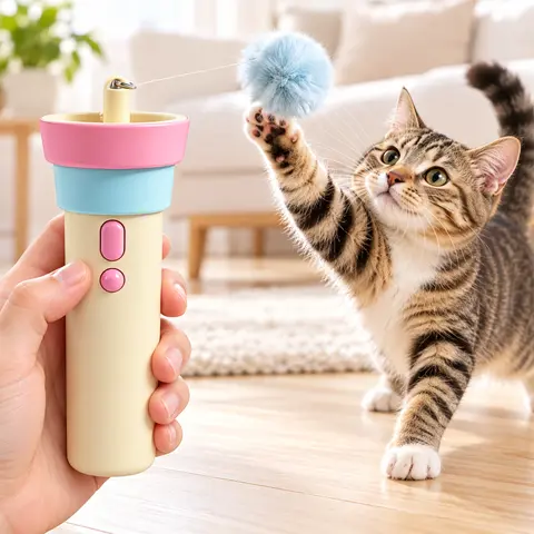 Compact Battery-Powered Retractable Wand Cat Teaser - Automatic Launch, Plush Ball, 2 Replacement Heads, Hands-Free Play Saves Energy, Stimulates Hunt for Indoor Cats