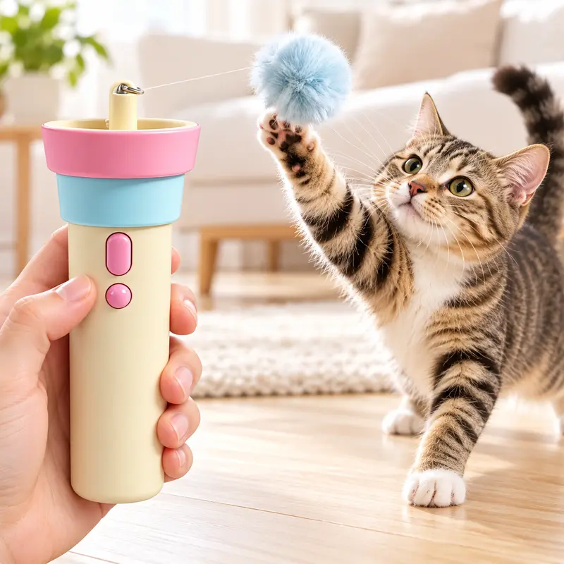Compact Battery-Powered Retractable Wand Cat Teaser - Automatic Launch, Plush Ball, 2 Replacement Heads, Hands-Free Play Saves Energy, Stimulates Hunt for Indoor Cats