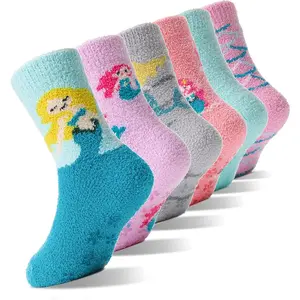 L-AD081  Girls Kids Toddler Fuzzy Socks with Grips Non Slip Slipper Socks Crew Cabin Cozy Fluffy Warm Winter Socks 6 Pairs