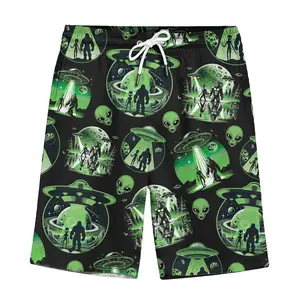 Funny Bigfoot Alien Hawaiian Shorts: Green Neon Sasquatch Mens Shorts
