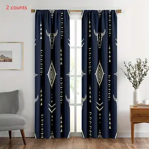 Western Style Bull Skull Pattern Curtain, 2 Counts/set Exquisite Ethnic Aztec Cow Drapes, Window Curtain for Home Living Room Bedroom Hotel Decor