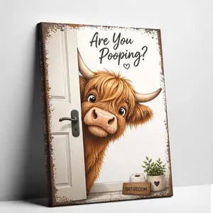 Cute Highland Cow Canvas Wall Art, Funny “Are You Pooping?” Bathroom Decor