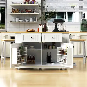 [SOIYELIFE] K&K 48inch Large Kitchen Island with 2 Bar Stools, Power Outt, Door Internal Storage Rack, Kitchen Storage Cart on 5 Wheels with Drop af, 5 Open Side Racks, 2 Drawers,for Kitchen,Dining Room,White