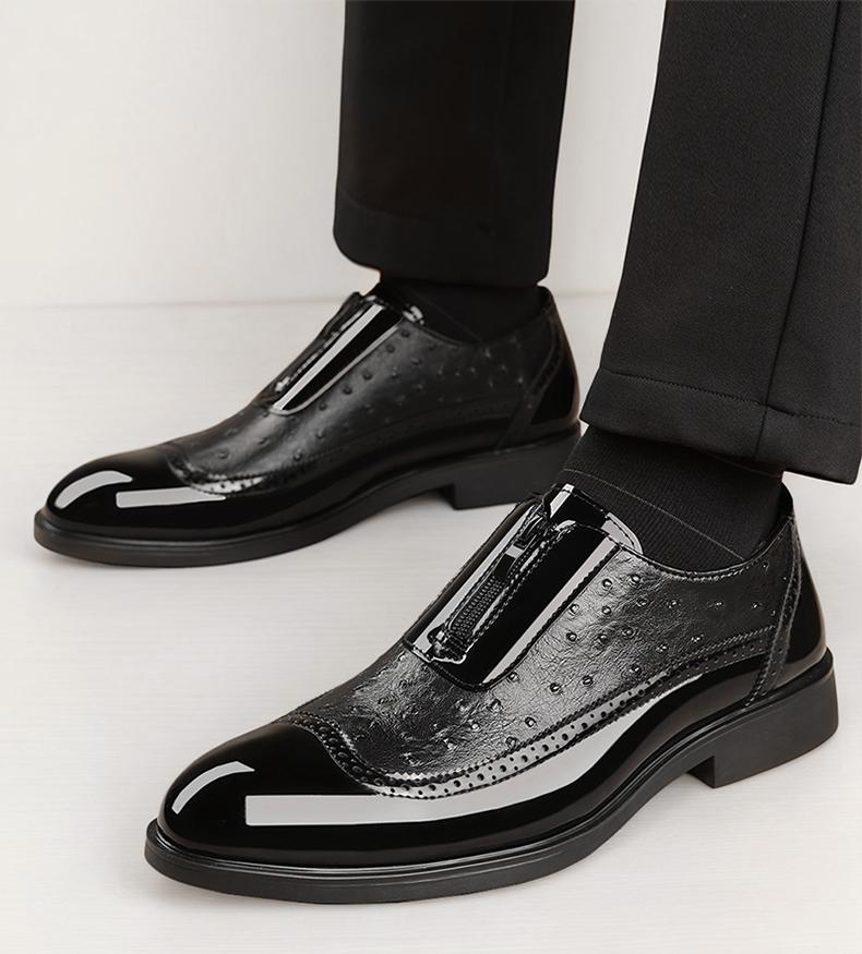 Men's Ostrich-Embossed Zipper Loafers, Brogue Formal Dress Shoes58096