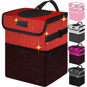 Trash Can, Cute Mini Trash Bag With Lid, Glitter Garbage Bin  for /Front Seat/Console, , Leakproof, 2.5 Gallon, Red Bling Sparkly