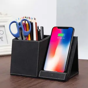 Leather Desk Organizer with Wireless Charger – Fast Charging Phone Dock & Pen Holder