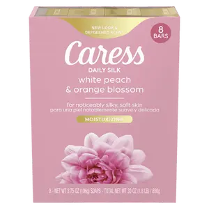 Caress Bar Soap for Women, Daily Silk White Peach & Orange Blossom for All Skin 3.75 oz 8 Ct