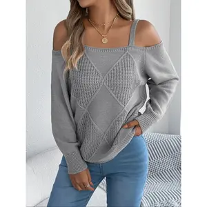 Women's Casual Long Sleeve off Shoulder Sweater Knitwear, Plain Color Knit Pullover for Fall & Winter, Ladies Fashion Top