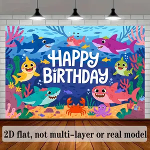 1pc 2D Flat Cartoon Underwater Shark Birthday Background Decoration Polyester Banner Home Room Wall Party Ornaments White