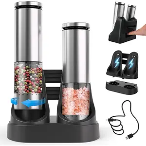 Electric Salt and Pepper  Set with  Base: Rechargeable Automatic Salt and Pepper  Set with External Adjustable Coarseness, Stainless Steel Electric Salt and Pepper Shakers,Sliver
