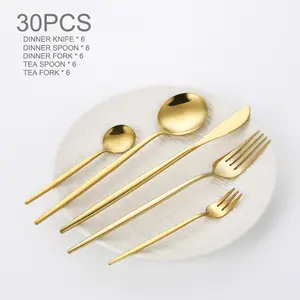 Stainless Steel Cutlery Set - 30pcs/set Mirror Polished Including Dinner Knife, Dinner Spoon, Dinner Fork, Tea Spoon and Tea Fork, Suitable for 6 Servings, Durable and Dishwasher Washer Gold Dinnerware Sets
