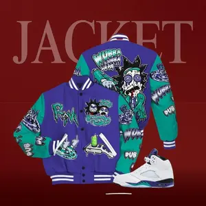 Printed AJ 5 Retro Grape 5s Match Varsity Jacket, Wubba Rick Drip Letterman