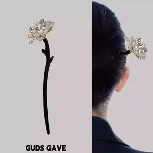 GUDS GAVE Natural Ebony Wood Hair Stick | New Chinese Style Ink Wash Transparent Big Flower Super Fairy Ancient Style Hair Pin for Hanfu