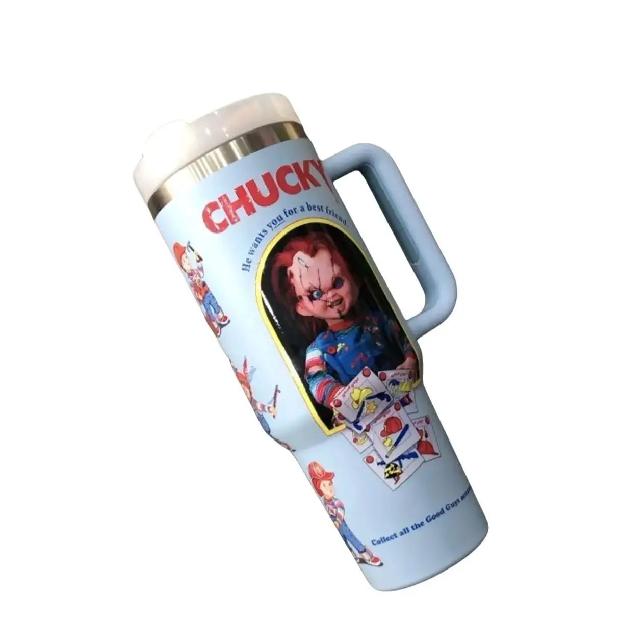 Chucky Good Guy Cute Custom 30oz or 40oz Stainless Steel HFN Tumbler With Handle Gift for Horror Movies Fans
