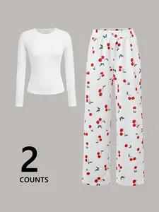 Women's Trendy Cherry Print Straight Leg Pants Set, Long Sleeve 2 Piece Set, All Season Casual Comfortable Street Style