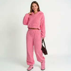Cozy Pink Fleece Hoodie & Jogger Set for Women - Soft Plush Material - Perfect for Loungewear & Casual Outfits