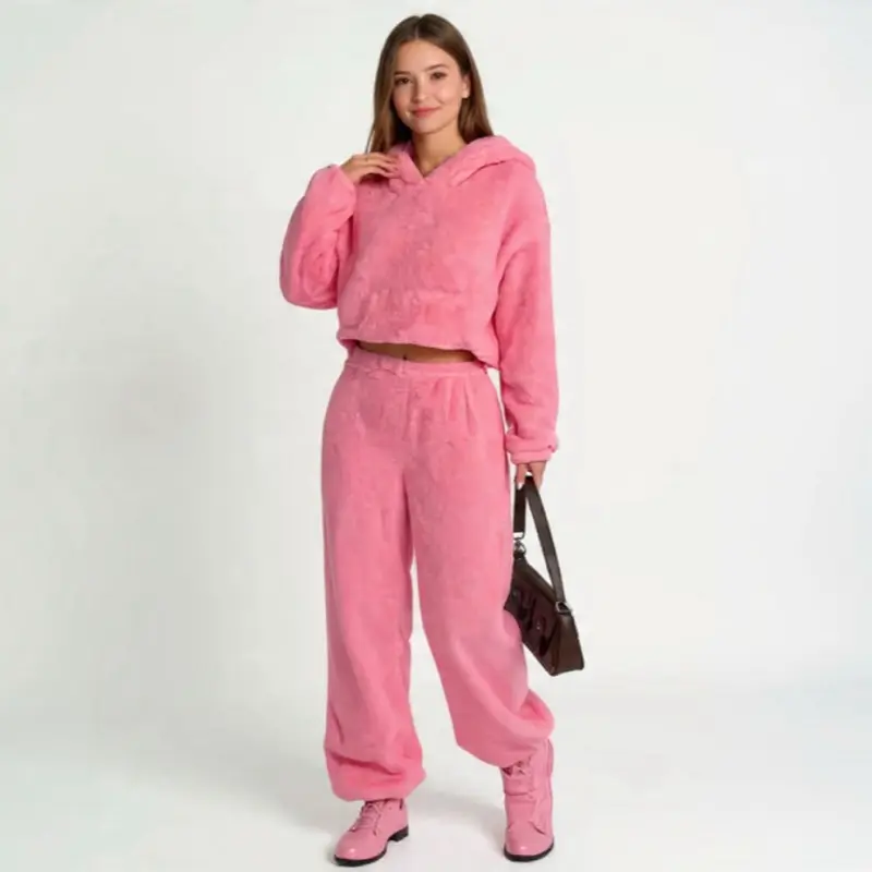 Cozy Pink Fleece Hoodie & Jogger Set for Women - Soft Plush Material - Perfect for Loungewear & Casual Outfits
