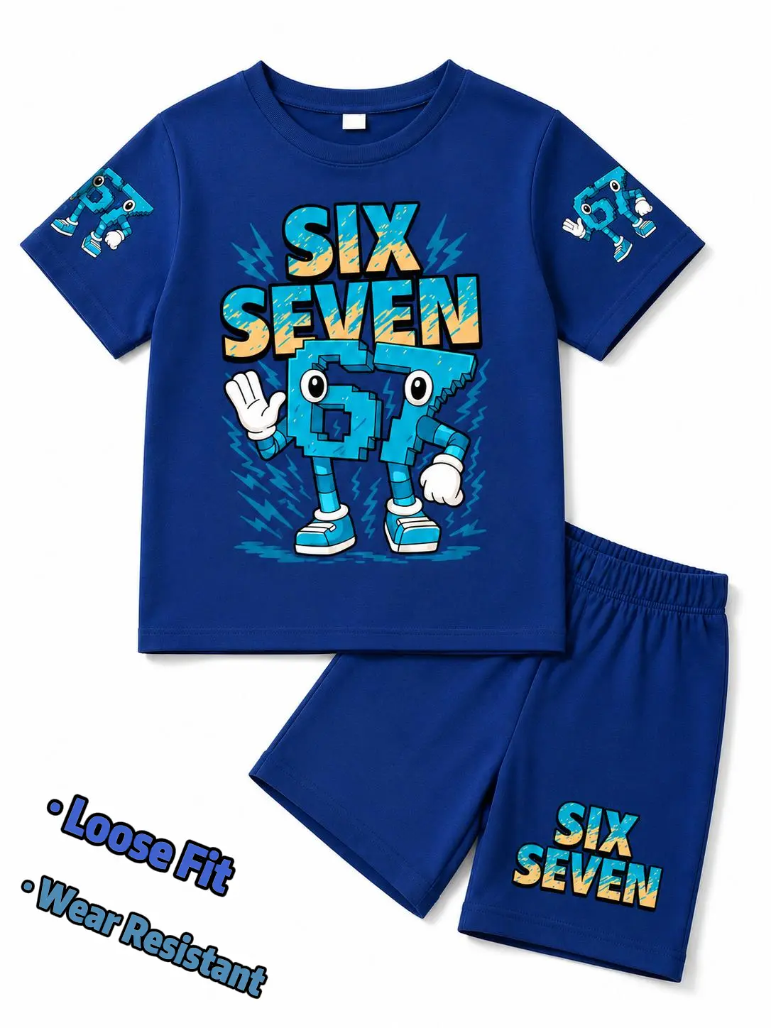 Boys' Sporty Chic 2-Piece 67 Graphic Outfit Set - Colorful Fabric Cartoon T-Shirt & Casual Summer Shorts, Colorful Fabric Boys' Sets Matching Set Husky Boy Clothes