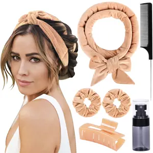 Heatless Hair Curlers to Sleep in Heatless Curling Rod Headband for Long Hair Overnight Heatless Curls for Women Velcro Hair Rollers, Bottle, Hair Clips, Scrunchie, Rat-Tail Comb, 6 Pieces Set (Khaki)