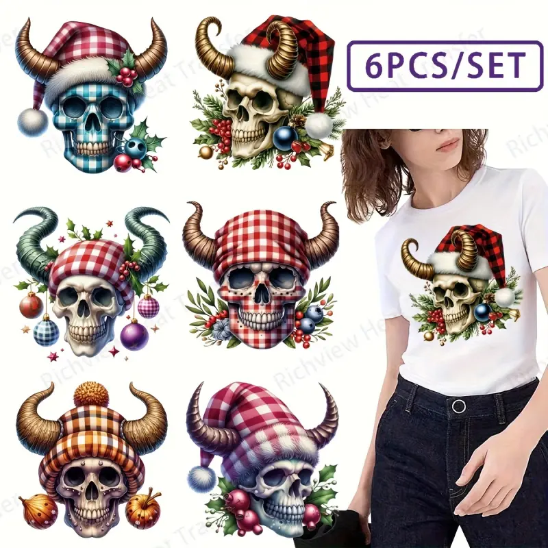 6Pcs Christmas Skull Heat Transfer Vinyl HTV Stickers DIY Iron on Patches 3D Print Effect Washed Resistant for T-Shirts Fabric Decoration