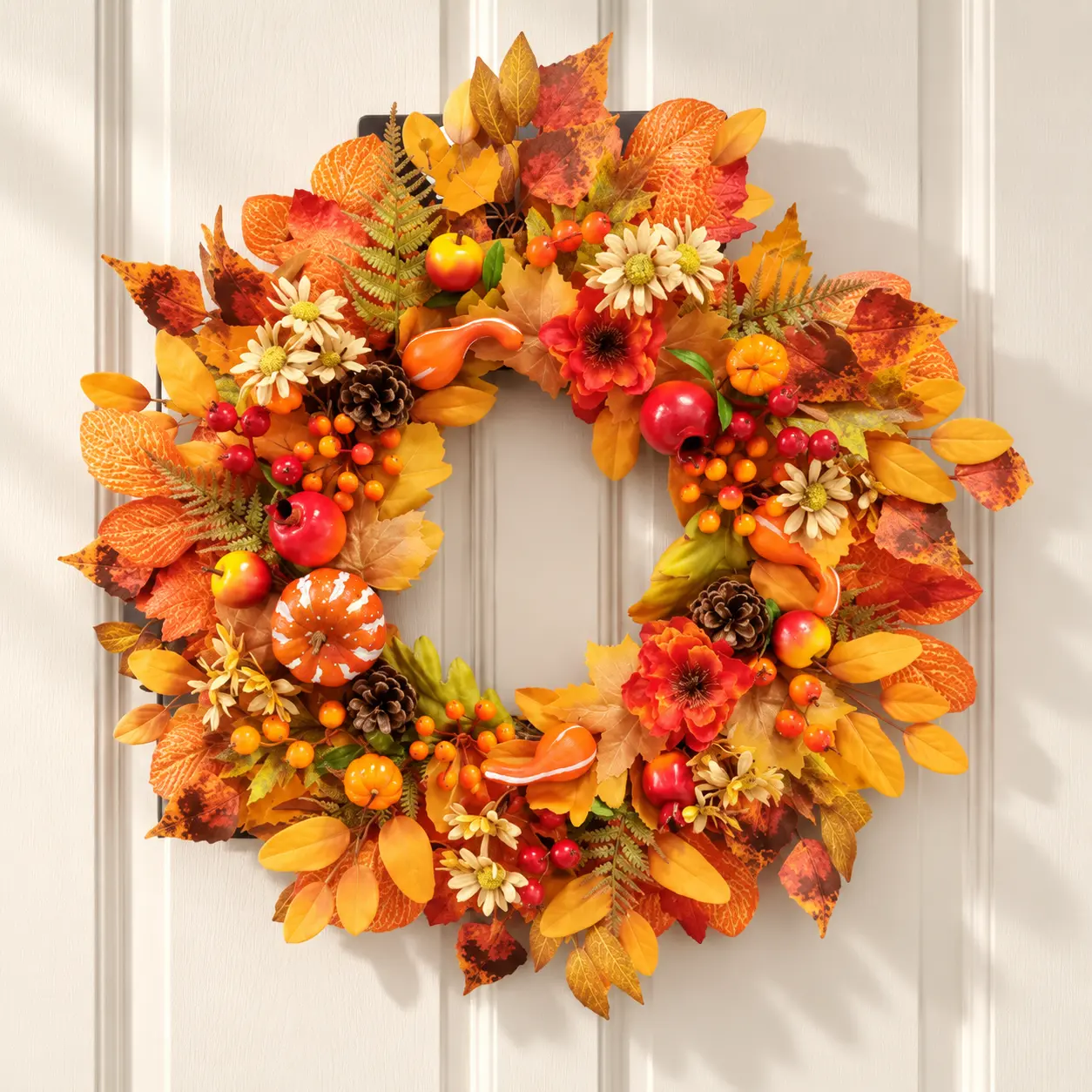 Fall & Christmas Wreath for Front Door, Seasonal Holiday Wreath with Autumn Leaves, Berries and Festive Decor for Thanksgiving, Christmas and Home