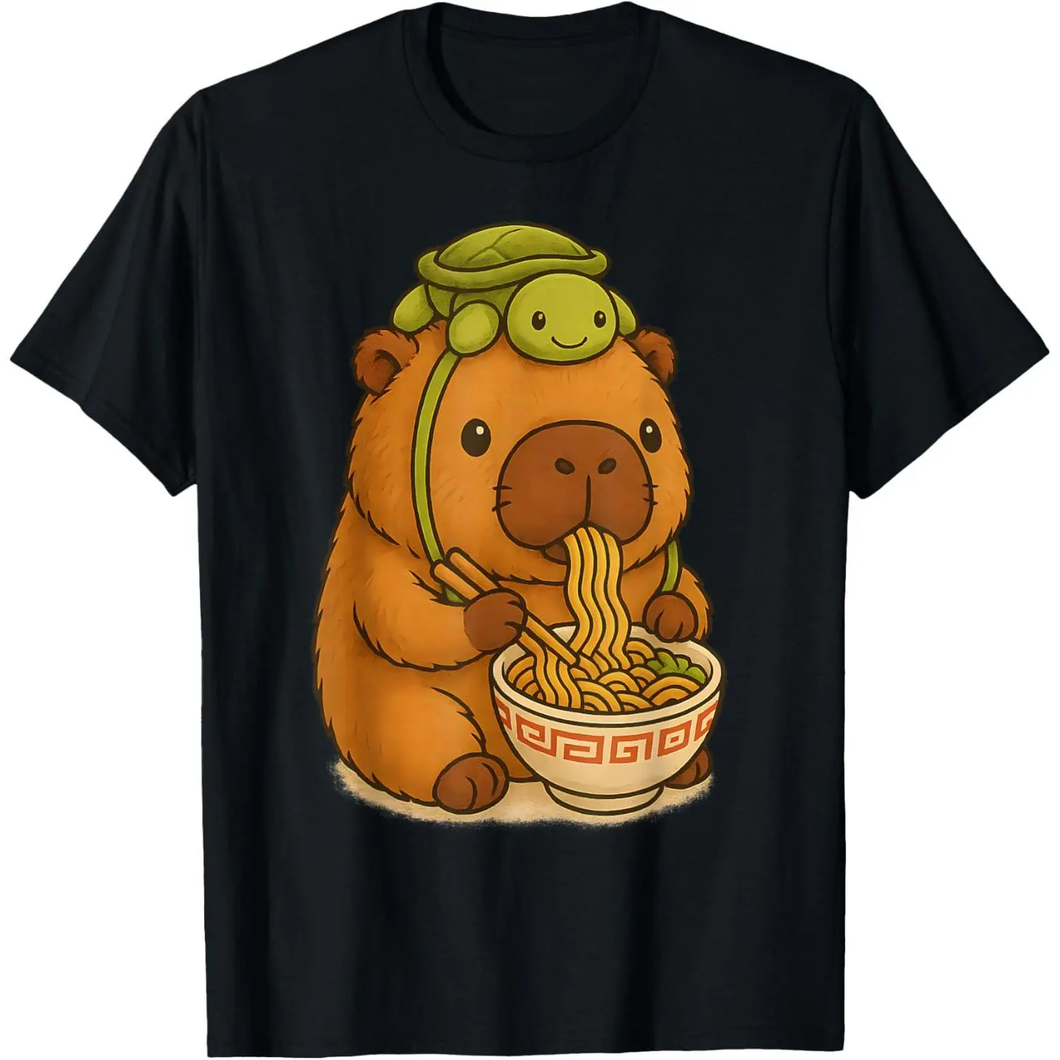 Unisex T-Shirt, Casual Streetwear Top with Funny Anime Capybara Ramen Graphic, Cotton Blend Short Sleeve Round Neck