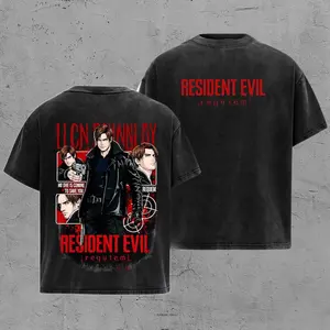 Black Washed Resident Evil Requiem Leon Kennedy Action Hero Survival Horror Themed Graphic T Shirt for Men Oversized Crewneck Cotton Tee Casual Streetwear Top for Resident Evil Fandom and Daily Wear