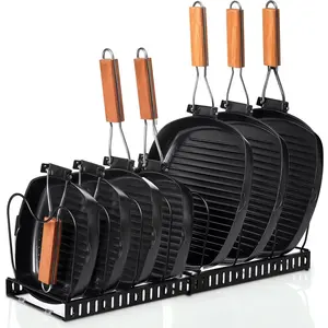 Expandable Pots and Pans Organizer Rack with 10 Adjustable Partitions, Under Cabinet Kitchen Storage for Lids, Pans, Baking Sheets, and Cutting Boards