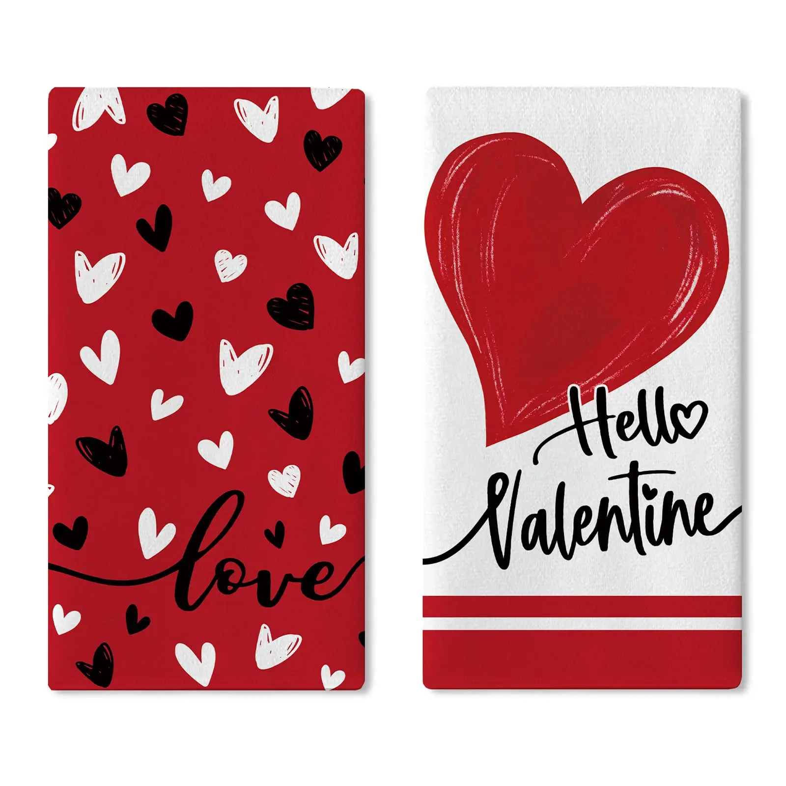 Water Absorbent Valentine's Day Kitchen Dish Towels Set of 2, Red Black Love Heart Design, 18in x 26in Drying Hand Towels for Baking, Cooking & Home Decoration (Anniversary, Wedding Use)