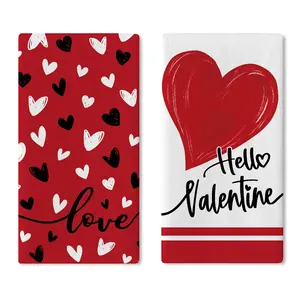Hello Valentines Day Kitchen Dish Towels Set of 2, Red Black Love Heart Drying Hand Towel Baking Cooking Cloth, Anniversary Wedding Bathroom Home Decoration 18'' x 26''
