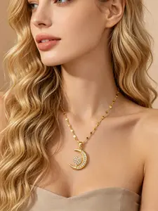Fashion Full Diamond Star Moon Stainless Steel Women's Necklace, Diamond Studded Pendant, Elegant Jewelry for Everyday Wear, Stylish Accessory for Ladies