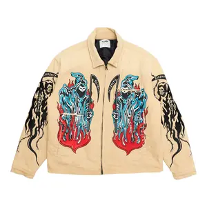 Women's Tan Multi Carhartt Jacket with Warren Lotas Painted Reaper Logo, Long Sleeve Casual Tops & Coats