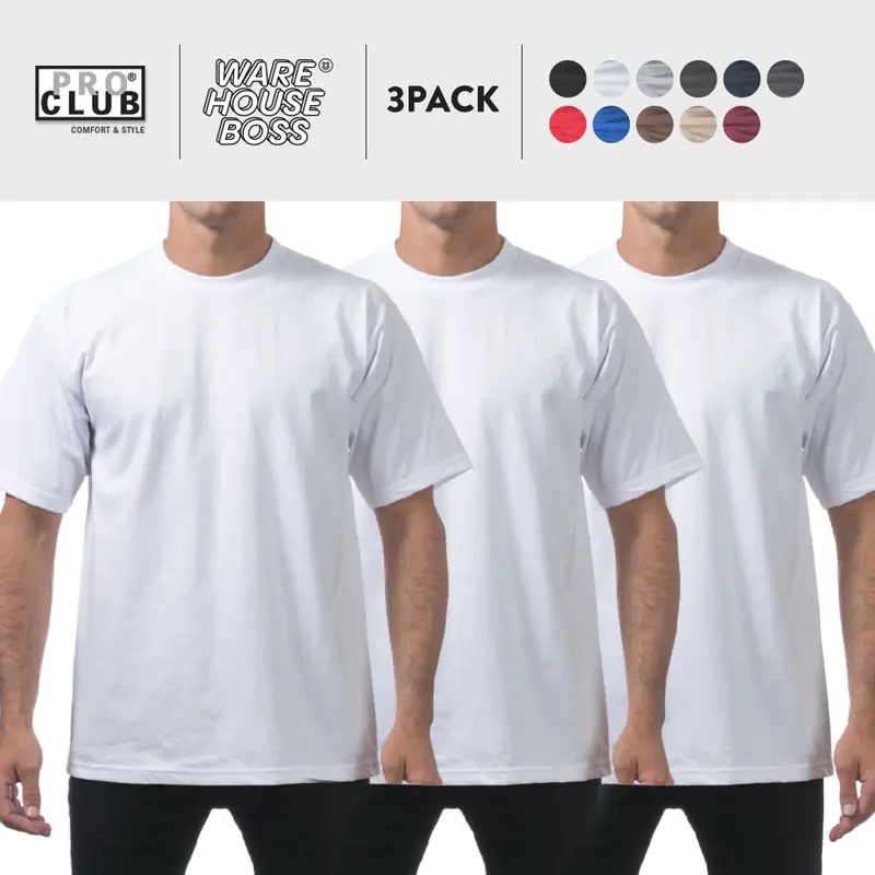 3 Pack PROCLUB Men's Heavyweight Short Sleeve Shirts PRO CLUB Plain Crew neck T Shirt Casual Basic Cotton Tee Basic Shirts Hip Hop Harem Big and Tall