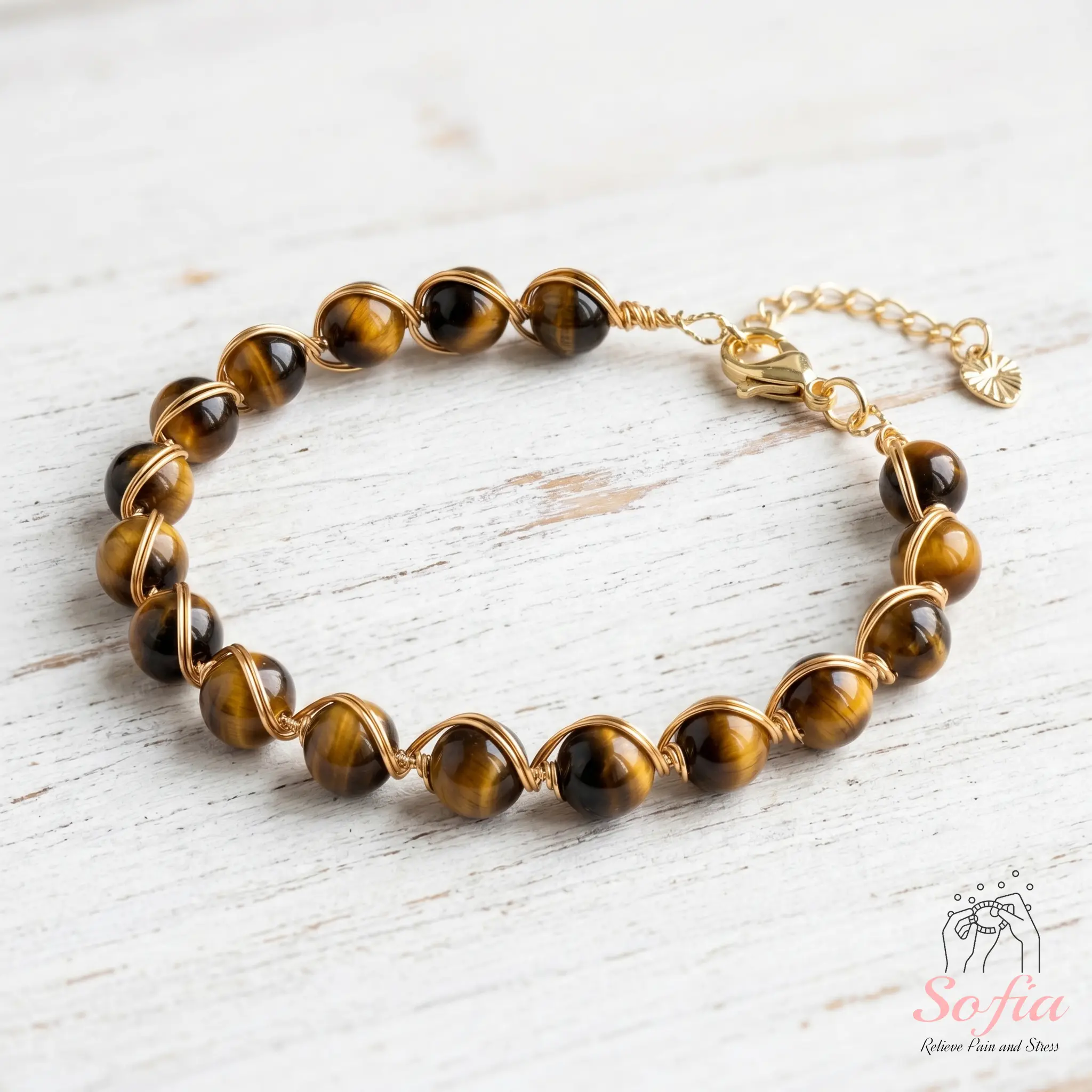 Sofia Natural Tigers Eye Wire Wrapped Bracelet | 14K Gold Filled Wired Bracelets | 5MM Beads Boho Style Jewelry, Gifts for her, Mother's Day Gift