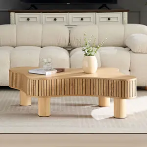 42.52 Inch Modern Wooden Handcraft Drum Coffee Table Irregular Shaped Coffee Table for Living Room, Small Coffee Table with Sturdy Pedestal