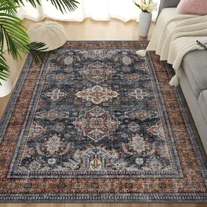 Distressed Printed Area Rug Washable Area Rug Vintage Living Room Rug with Non-Slip Backing Low Pile Foldable Rug for Living Room Farmhouse Apartment