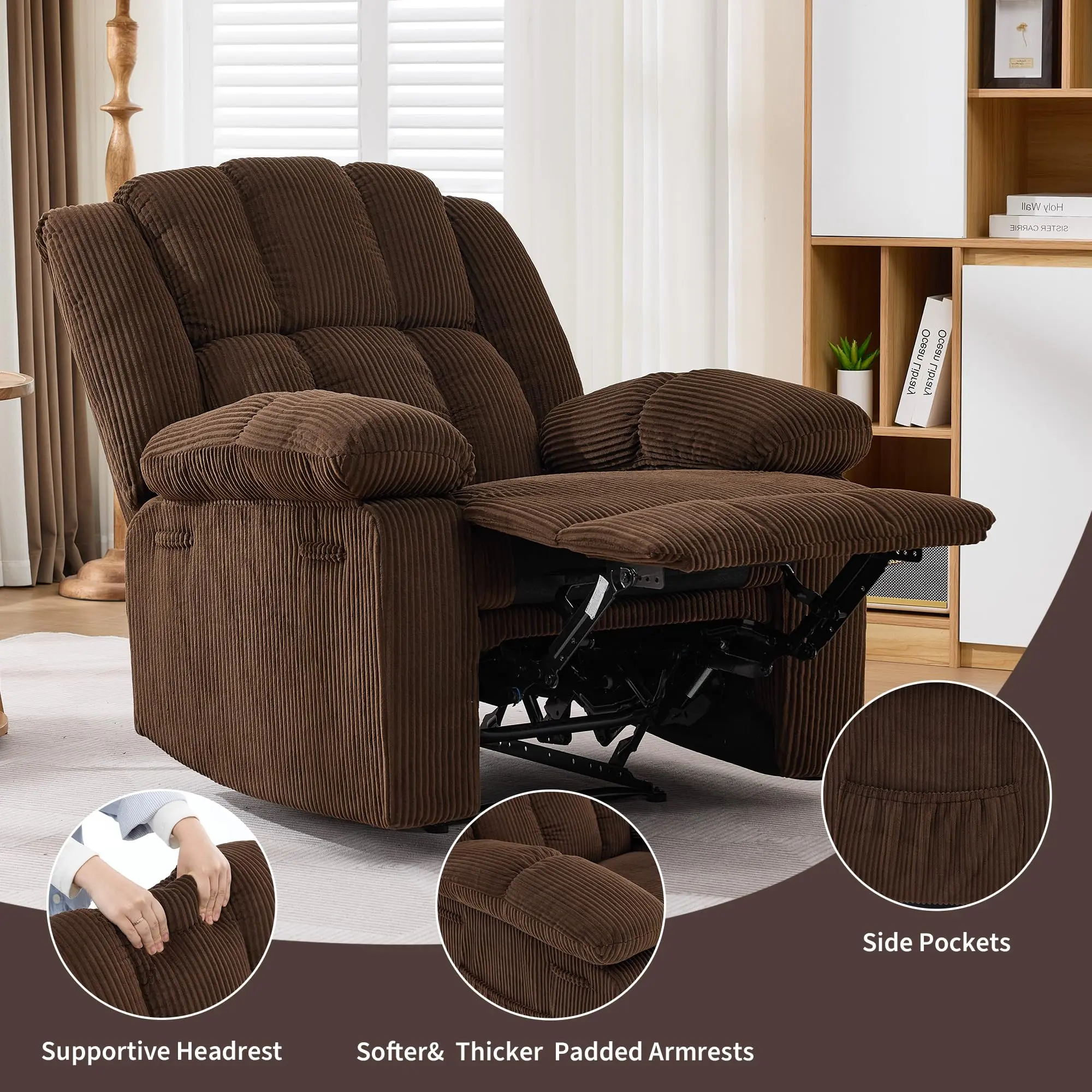Oversized PU Leather Manual Recliner Chair for Adults - 150° Ergonomic Body-Fitting Design, Extra Wide, Body Alignment Support, Comfy Squishy Lounge Living Room Furniture, Ideal for Elderly