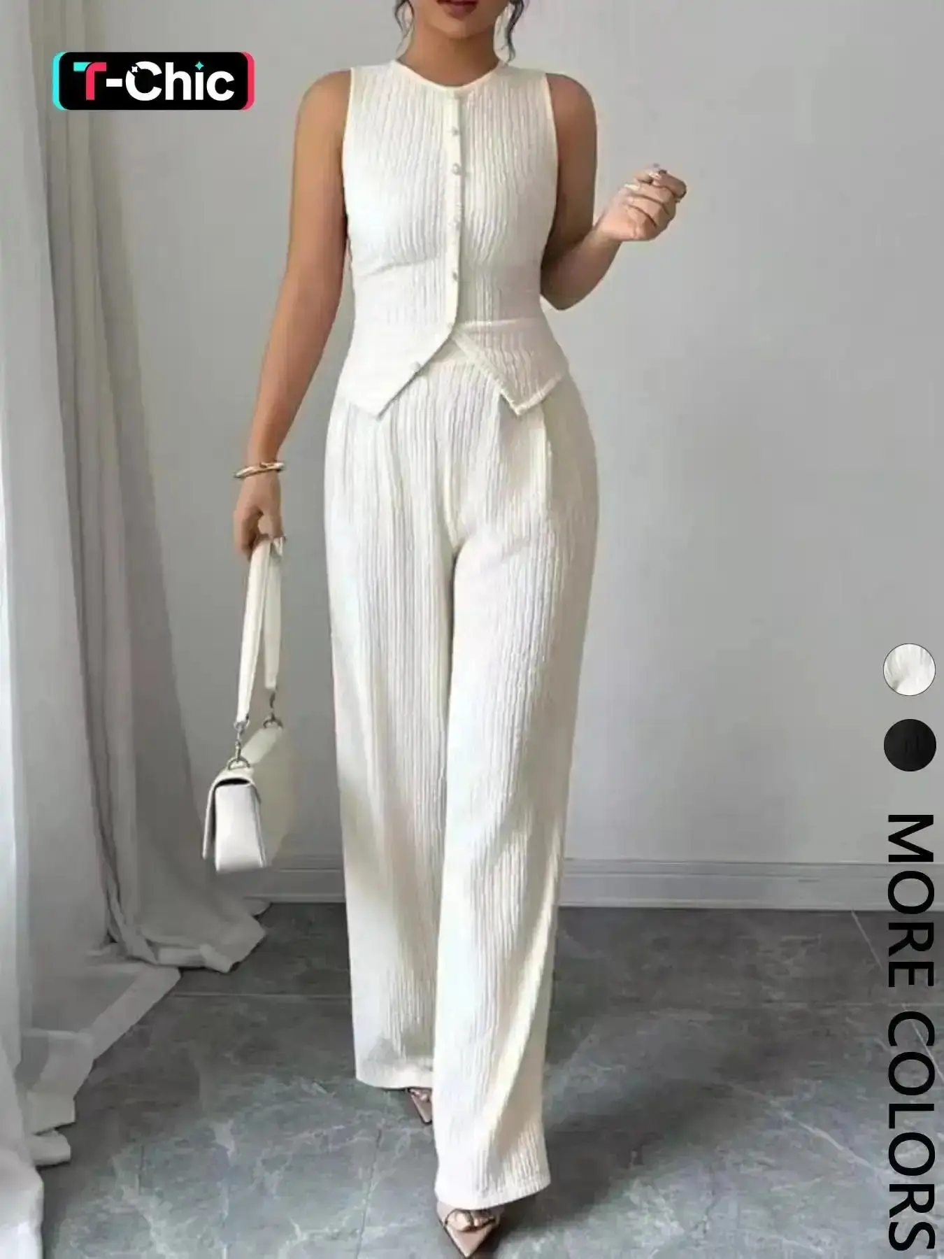 Elegant Commute Style Set, Sleeveless Round Neck Buttoned Slim Fit Vest + High Waist Loose Straight Leg Pants, 2 Piece, Womenswear