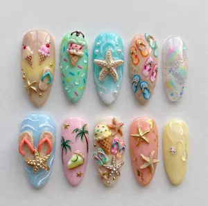 Luxury Press-On Nails, Summer Beach Tropical Vacation Handmade Set with 3D Ice Cream, Starfish, Flip Flop Designs, Cute Kawaii Resort Nail Art Accessories
