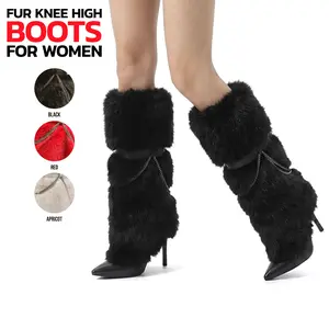 VIMISAOI Womens Faux Fur Knee High Boots Fold Over Pointed Toe Stiletto High Heel Side Zipper Chains  Snow Boots Comfortable Fashion Party Dress Trendy Boots