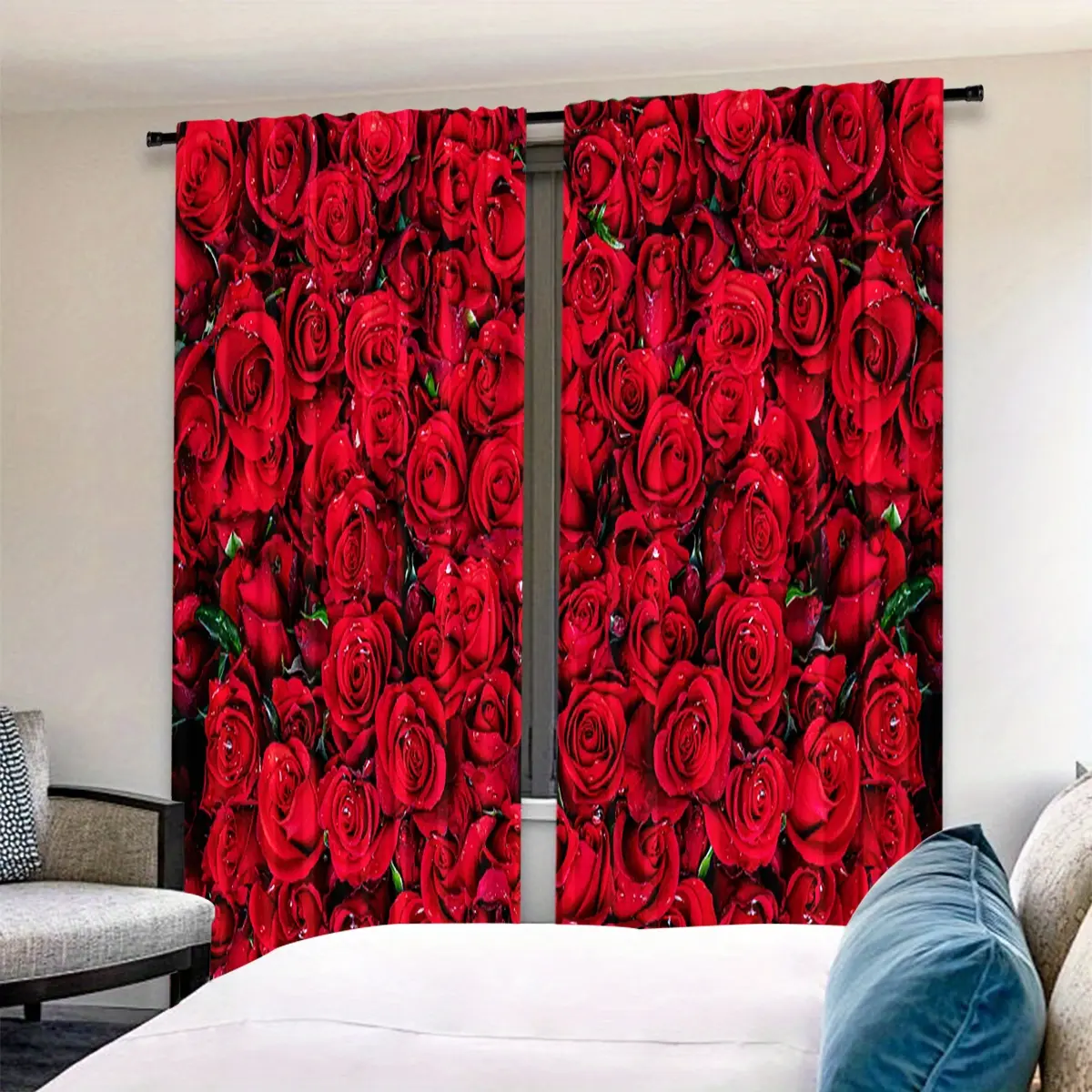 Romantic Rose Curtains Set of 2, Full Print Design, Perfect for Wedding Room Decor, Cozy Atmosphere Decoration