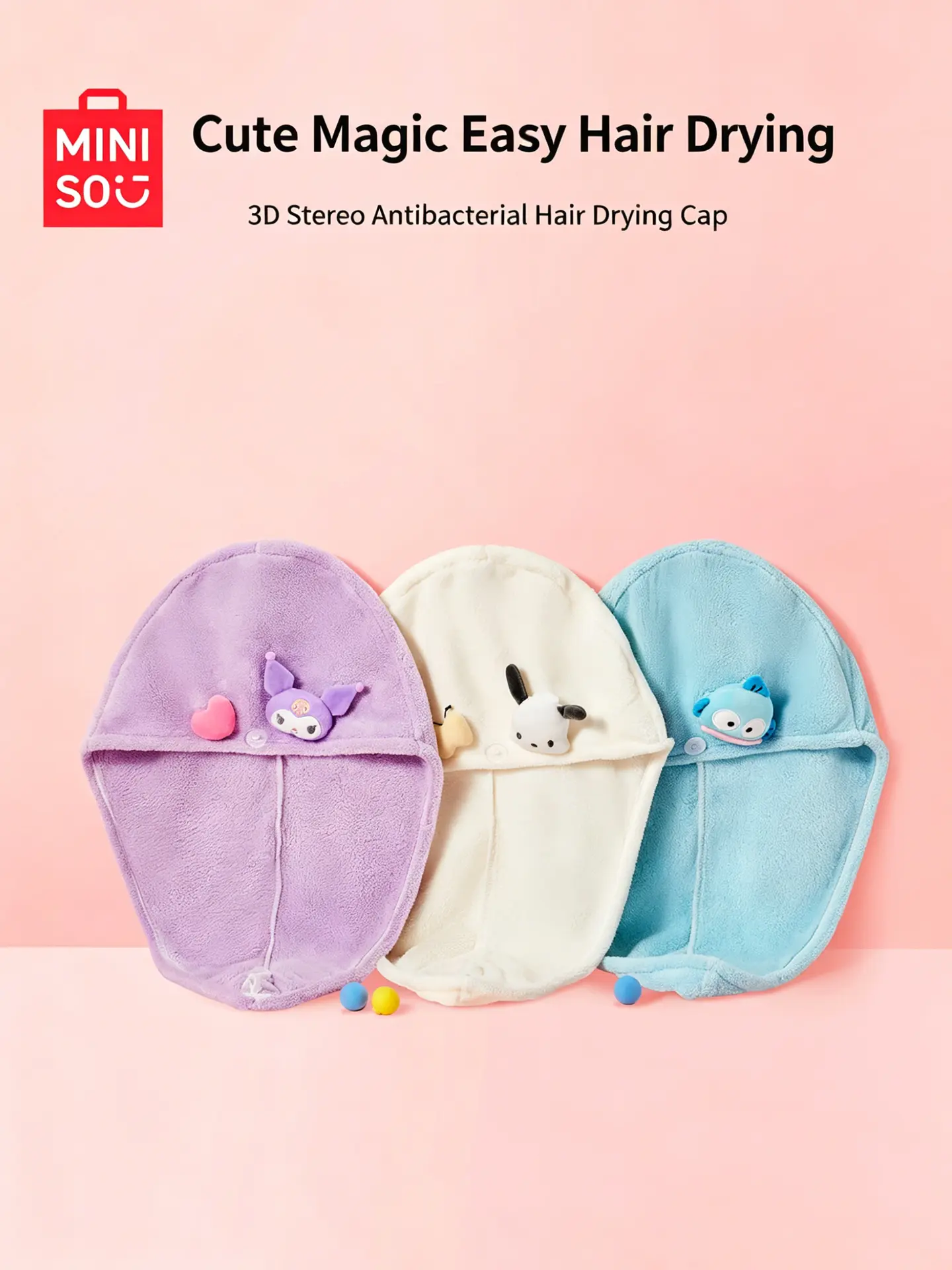 MINISO Kuromi, Hangyodon & Pochacco 3D Stereo Antibacterial Hair Drying Cap, Absorbent & Quick Dry Hair Towel. Soft Fabric, Skin-Friendly And Hygienic, Perfect for Bathing And Daily Hair Care. Lovely Accessory And Nice Gift for SR Fans.