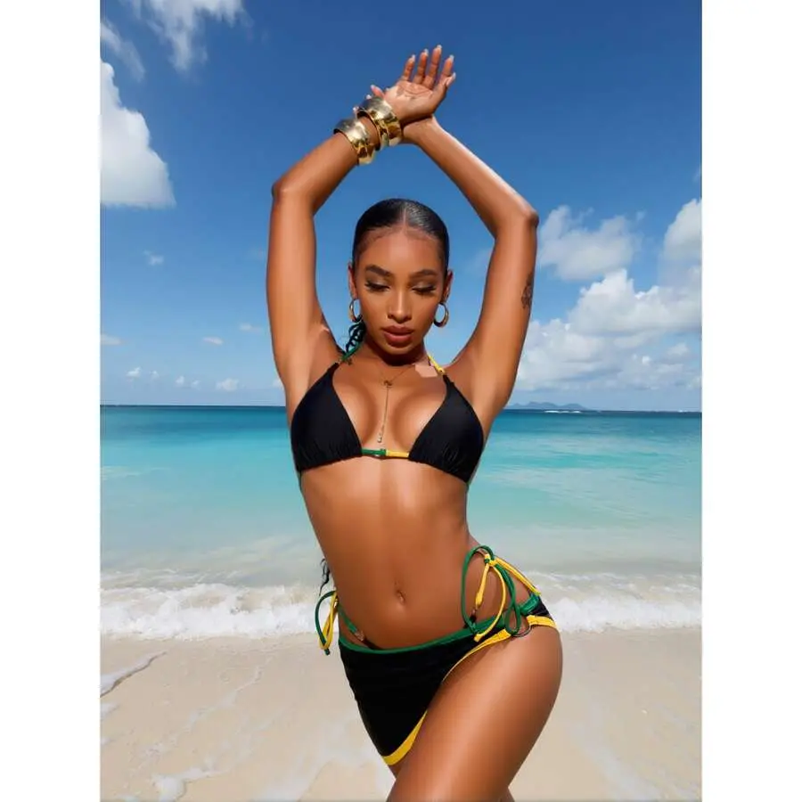 Black & Jamaica Flag Bikini Set - Halter Top Swimsuit With Wrap Skirt; Women's Two Piece Bathing Suit; Rasta Colors Beachwear; Summer Vacation Swimwear
