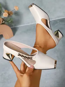 Women's High Heel Elevated Sandals, Hollow Out Design, Gold Chain Decorative Square Toe, Comfortable Casual Shoes for Summer Parties