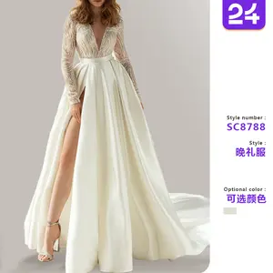 2025 new cross-border European and American women's wish dress elegant long gold-stamped hollow v-neck white evening dress