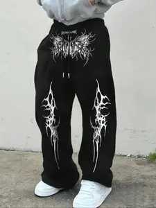 Black Dark Butterfly Gothic Style Oversized Sweatpants, Casual Street Trousers, Casual Streetwear Pants, Thorn Butterfly Print, Accompanied by Gothic Font, Drawstring Belt, Loose Version