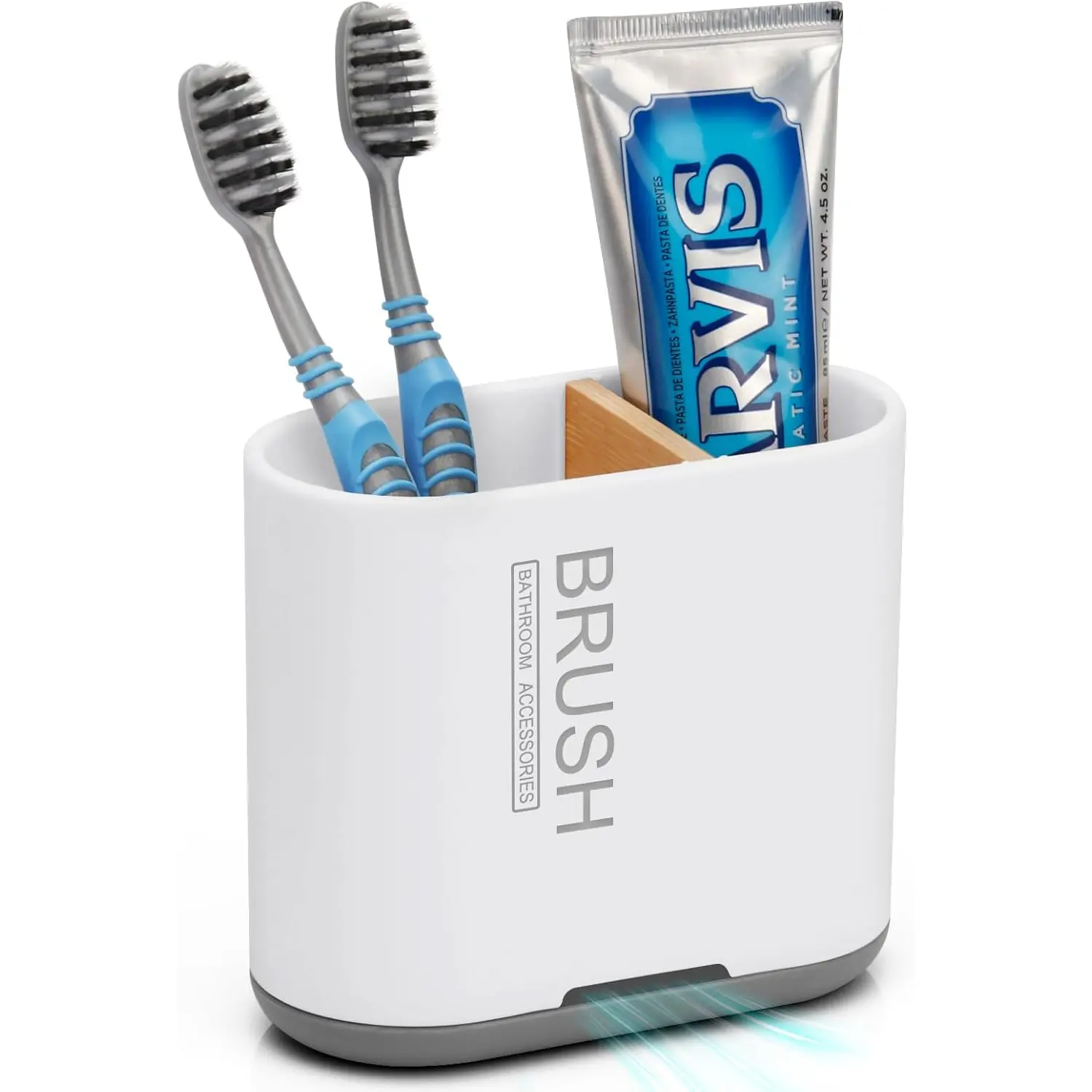 White Plastic Bamboo Divider Toothbrush & Toothpaste Holder with Detachable Base, Bathroom Countertop Organizer with 2 Slots for Electric Toothbrushes, Drainage Storage Caddy for Family, Easy to Clean - Chintu