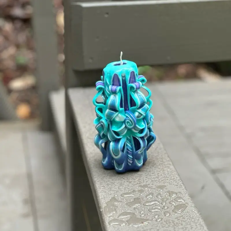Blue & Purple Flower Carved Candle Unique Home Decor