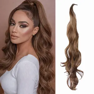 TwiceBeauty Ponytail Extension Flexible Wrap Around Ponytail Hair Extensions 32 Inch Long Curly Pony Tails Hair Extensions Wavy Hair Ponytails Synthetic Hairpiece Chestnut Brown for Women Daily Use
